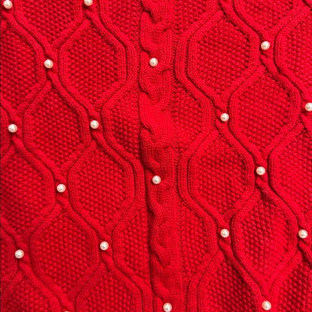 Crown & Ivy Red Cable Knit Sweater Pearl Detail Cozy Winter Top Size S - Picture 4 of 6